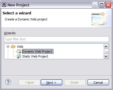 New project dialog: select "dynamic web project"