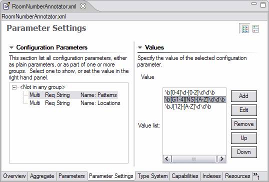 Screenshot of UIMA Component Descriptor Editor (CDE) Parameter Settings page