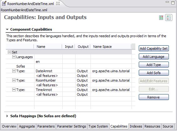 Screen shot of the Capabilities page of the Component Descriptor Editor