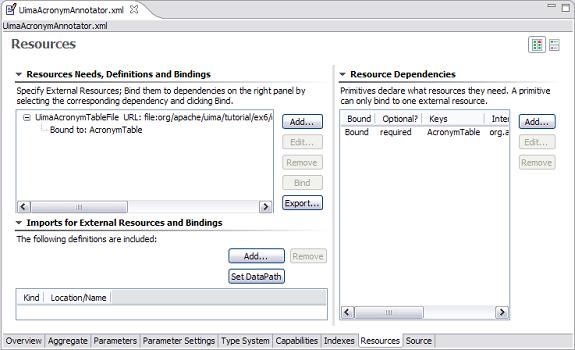 Screen shot of Component Descriptor Editor page for configuring External Resources