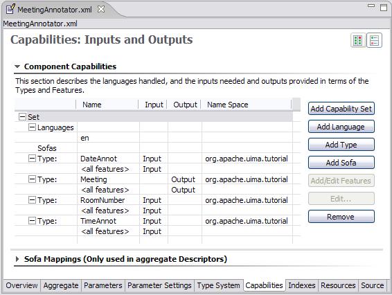 Screen shot of Capabilities page of the Component Descriptor Editor
